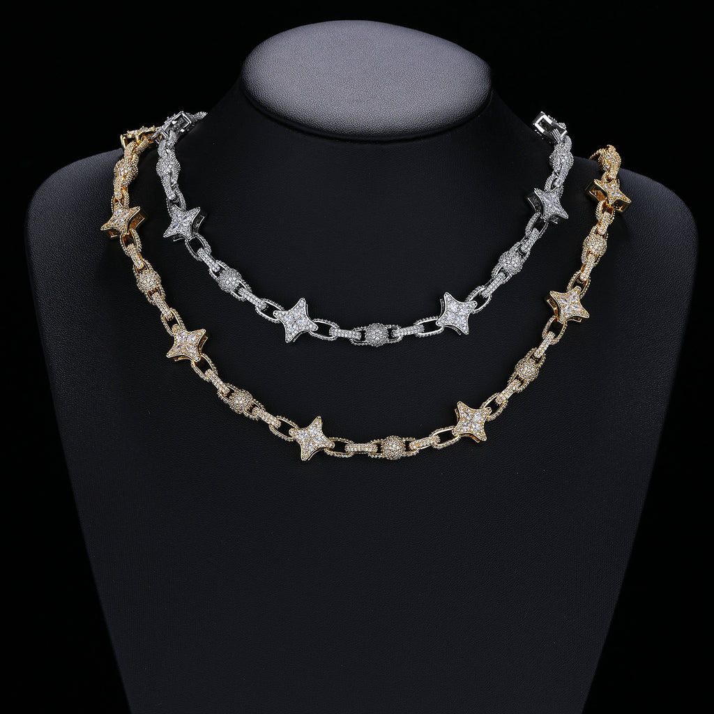 9mm Fully Paved Zircon Beaded Chain, Four Pointed Star Hip Hop Fashion Necklace for Men Wome