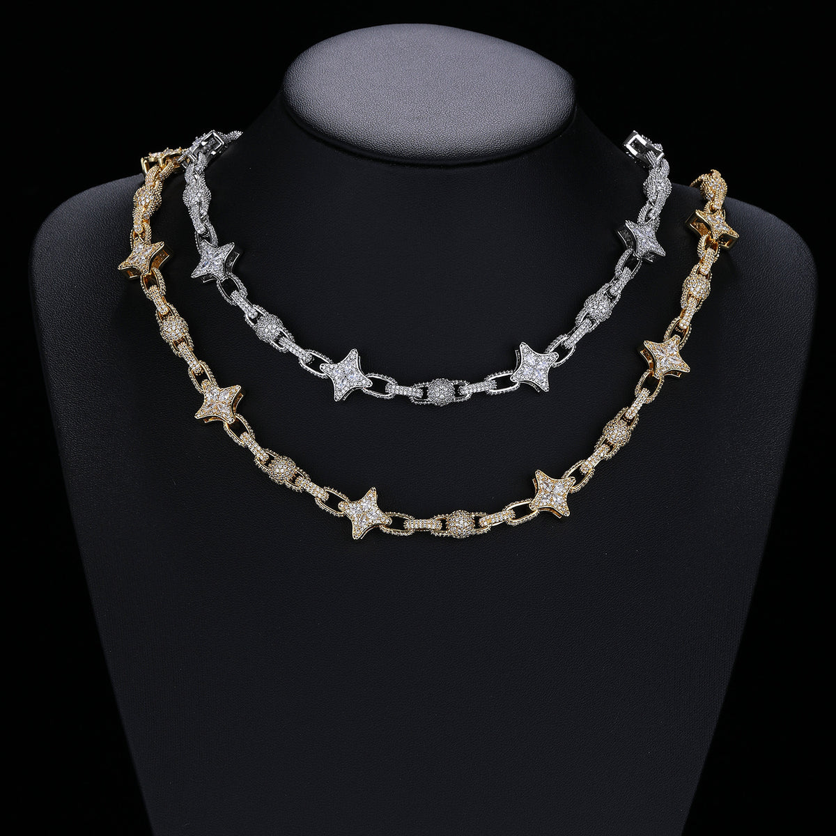9mm Fully Paved Zircon Beaded Chain, Four Pointed Star Hip Hop Fashion Necklace for Men Wome