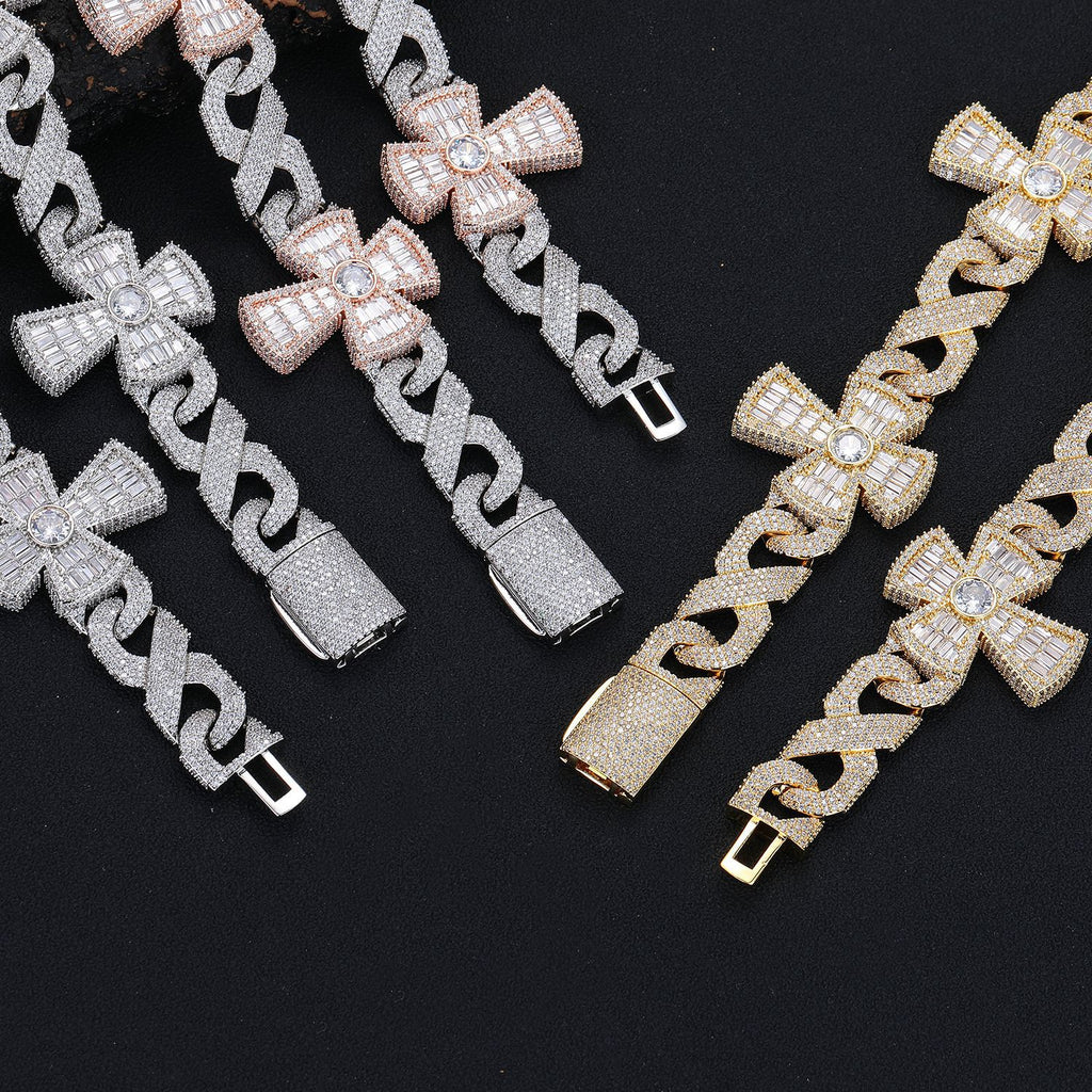 Premium Luxury Fully Paved CZ Infinity Cross Cuban Link Necklace, Iced Out Cross Pendant Hip Hop Statement Accessory