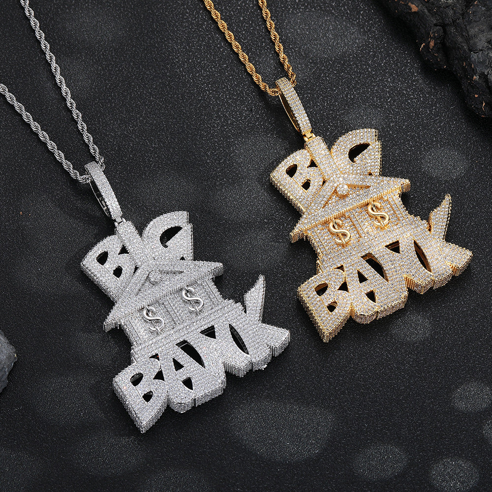 Trendy Micro Pave Iced Out Big Bank Large Pendant Necklace, Fully Paved Moissanite, Real Gold Electroplated Hip Hop Jewelry