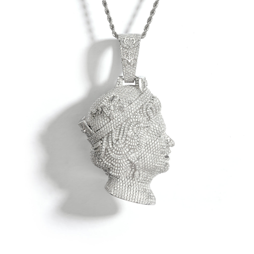 Top Workmanship Double Sided Queen Moissanite Pendant Necklace, Premium Inlaid Moissanite Jewelry