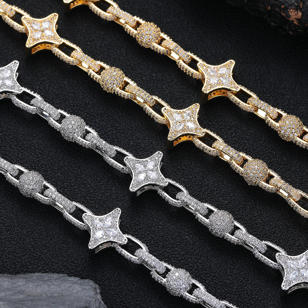 9mm Fully Paved Zircon Beaded Chain, Four Pointed Star Hip Hop Fashion Necklace for Men Wome