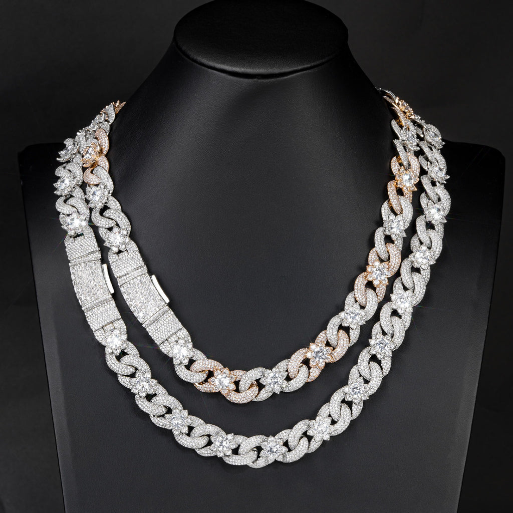 Top Luxury 15mm Two-tone Fully Iced Infinite Flower Cuban Link Chain, Hip Hop Men Necklace