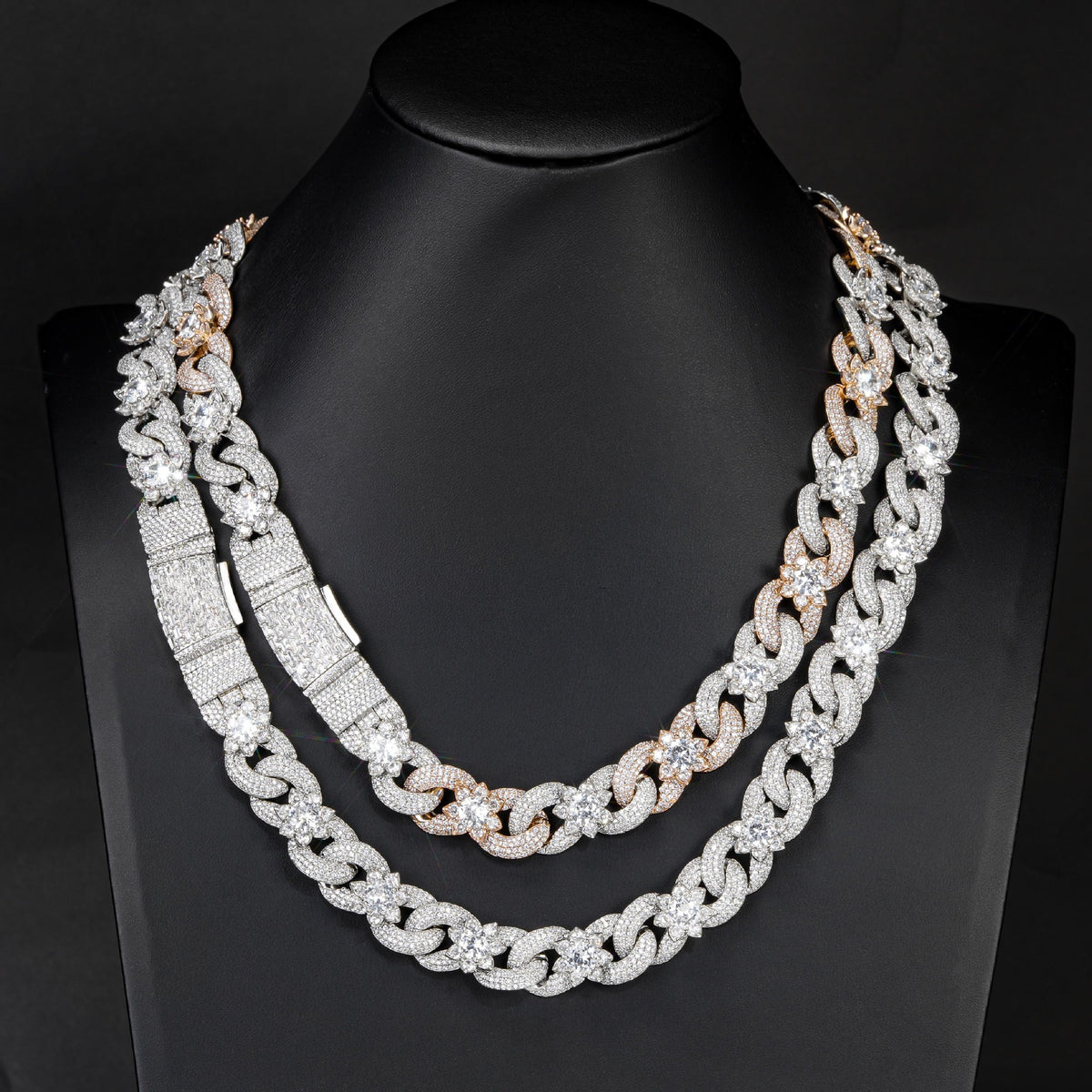 Top Luxury 15mm Two-tone Fully Iced Infinite Flower Cuban Link Chain, Hip Hop Men Necklace