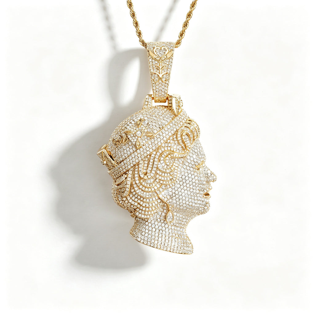 Top Workmanship Double Sided Queen Moissanite Pendant Necklace, Premium Inlaid Moissanite Jewelry