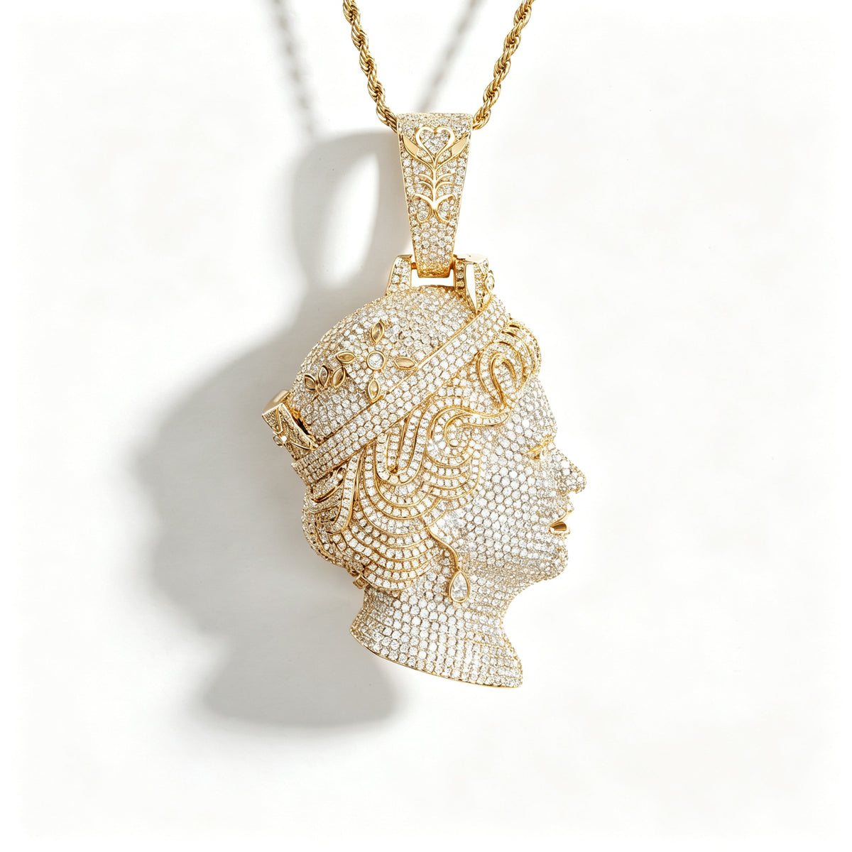 Top Workmanship Double Sided Queen Moissanite Pendant Necklace, Premium Inlaid Moissanite Jewelry