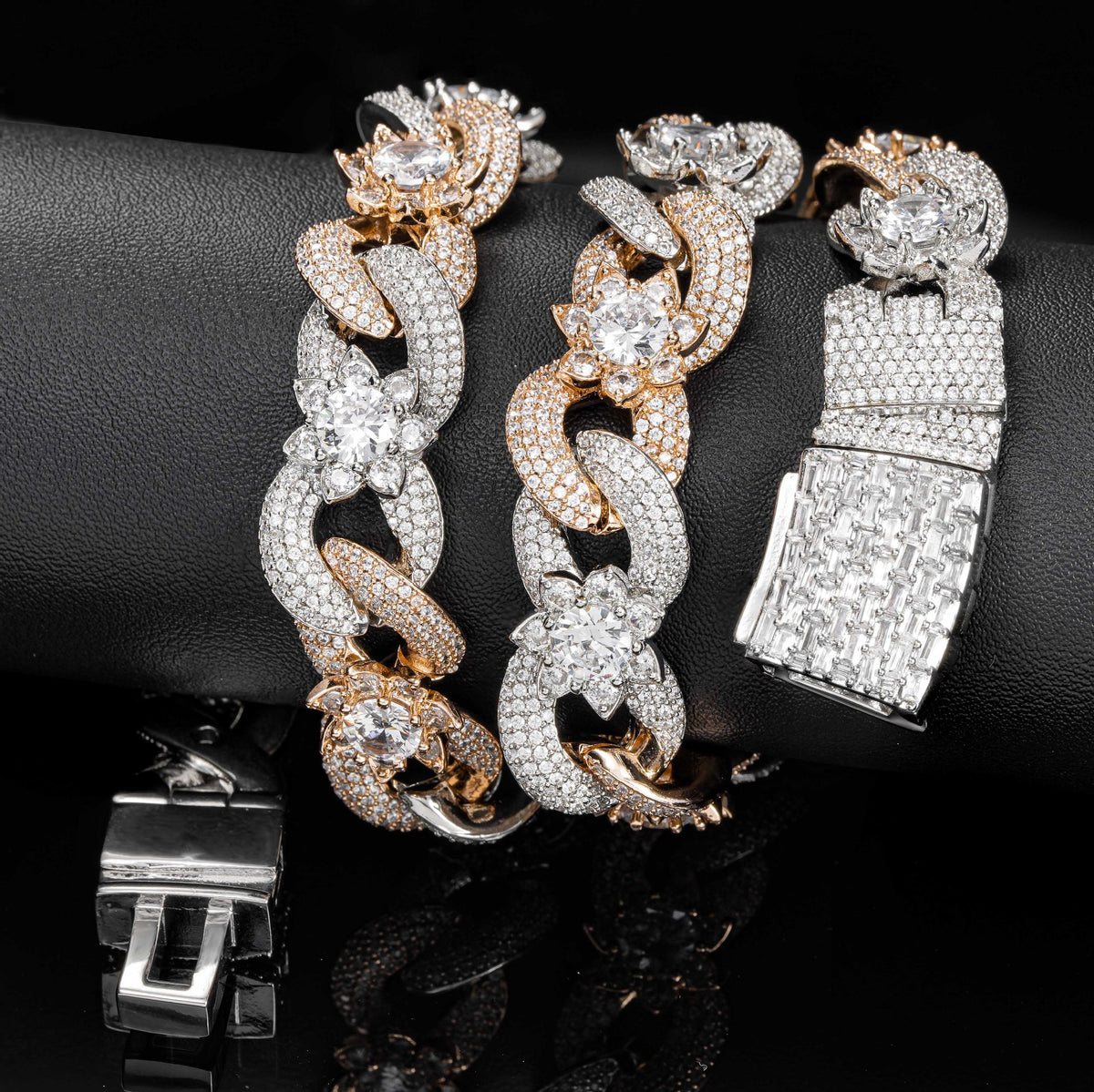 Top Luxury 15mm Two-tone Fully Iced Infinite Flower Cuban Link Chain, Hip Hop Men Necklace