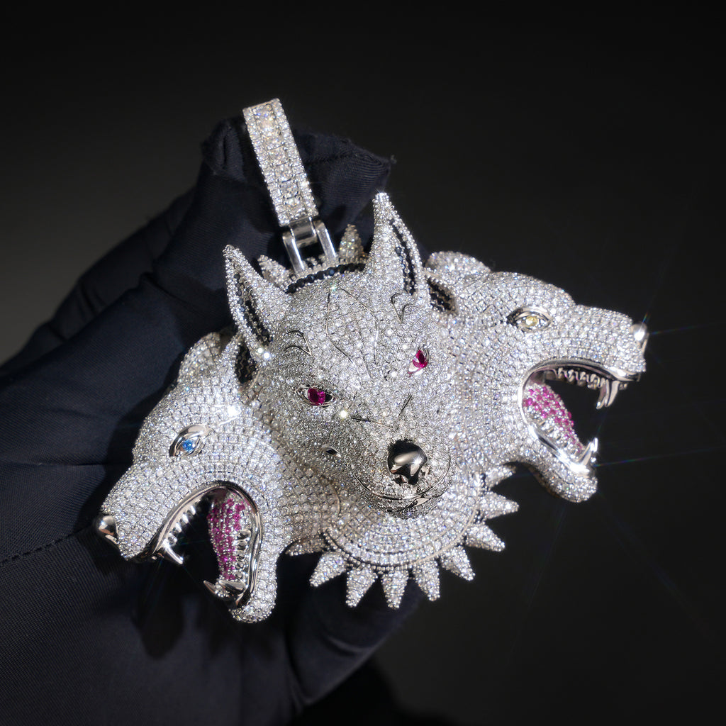 Luxury Trendy Large Heavy Cerberus Pendant Necklace, Fully Iced Out Moissanite, Real Gold Electroplated Hip Hop Jewelry