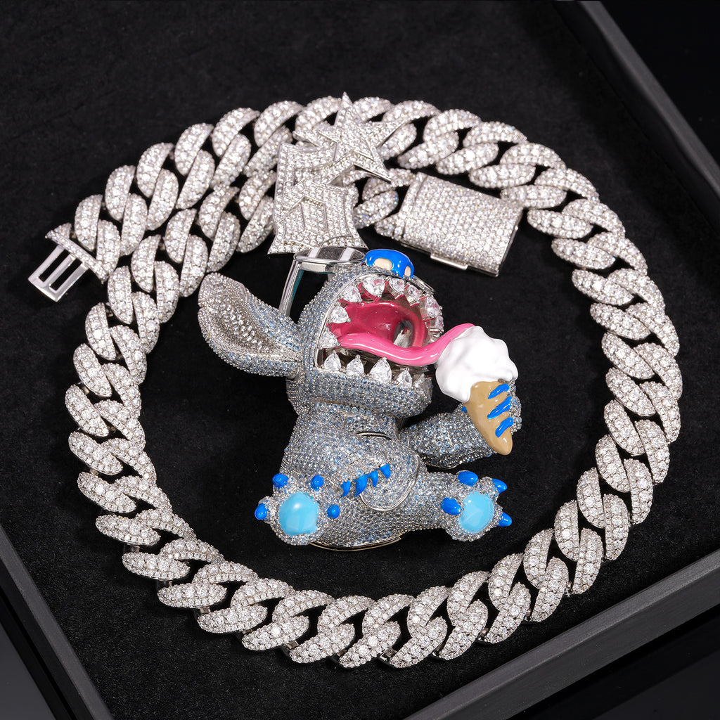 High End Stylish Stitch Fully Paved Stones Hip Hop Pendant Necklace, Premium Rare Collector Jewelry