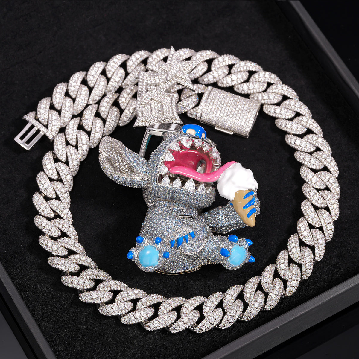 High End Stylish Stitch Fully Paved Stones Hip Hop Pendant Necklace, Premium Rare Collector Jewelry