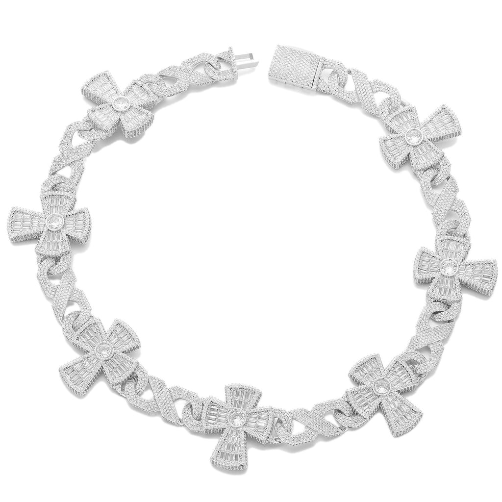 Premium Luxury Fully Paved CZ Infinity Cross Cuban Link Necklace, Iced Out Cross Pendant Hip Hop Statement Accessory