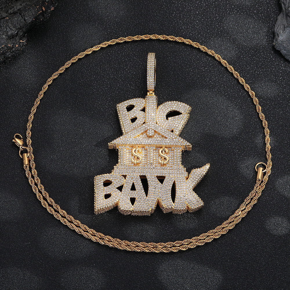 Trendy Micro Pave Iced Out Big Bank Large Pendant Necklace, Fully Paved Moissanite, Real Gold Electroplated Hip Hop Jewelry