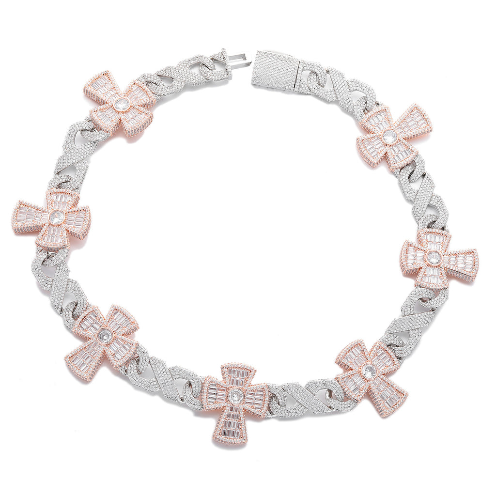 Premium Luxury Fully Paved CZ Infinity Cross Cuban Link Necklace, Iced Out Cross Pendant Hip Hop Statement Accessory