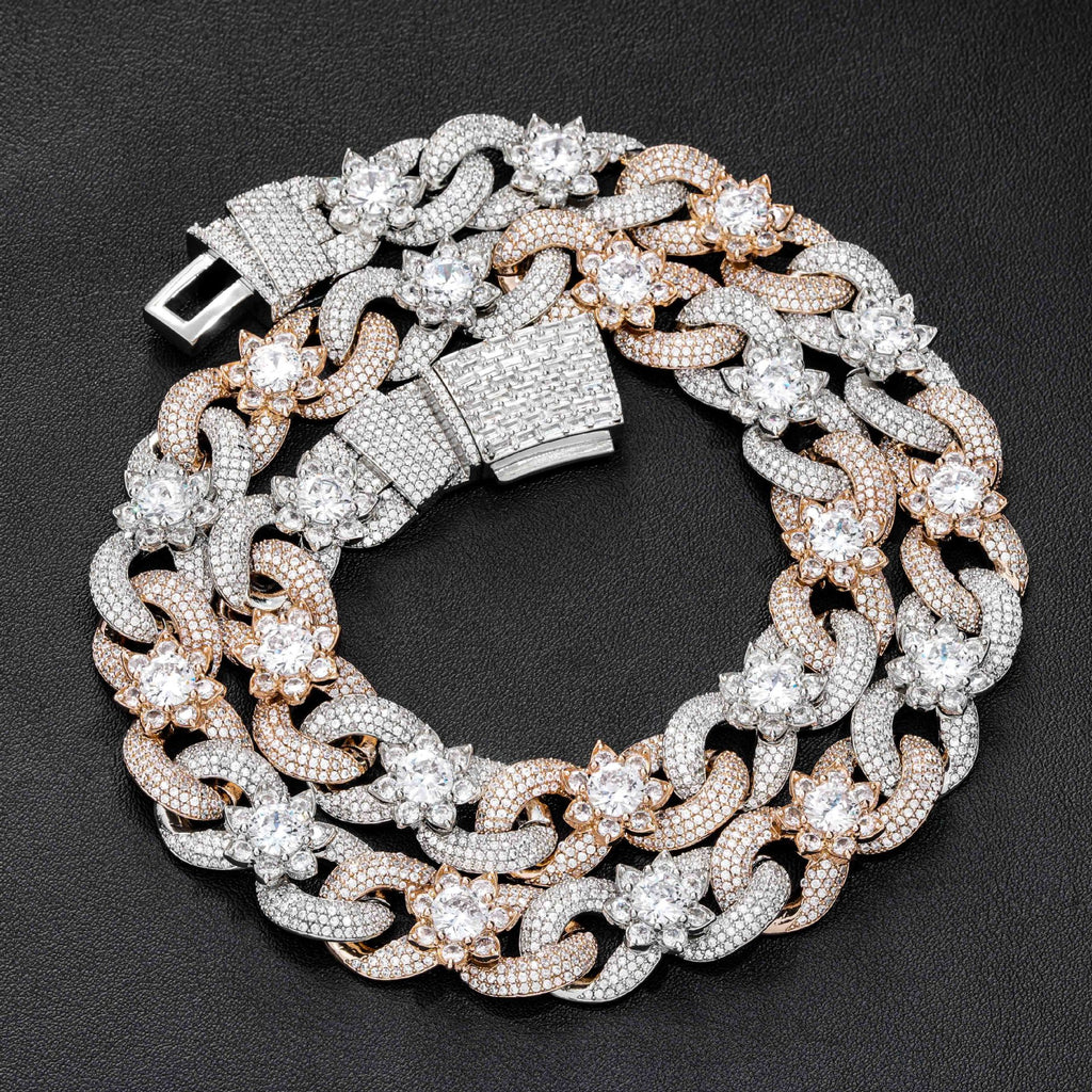 Top Luxury 15mm Two-tone Fully Iced Infinite Flower Cuban Link Chain, Hip Hop Men Necklace