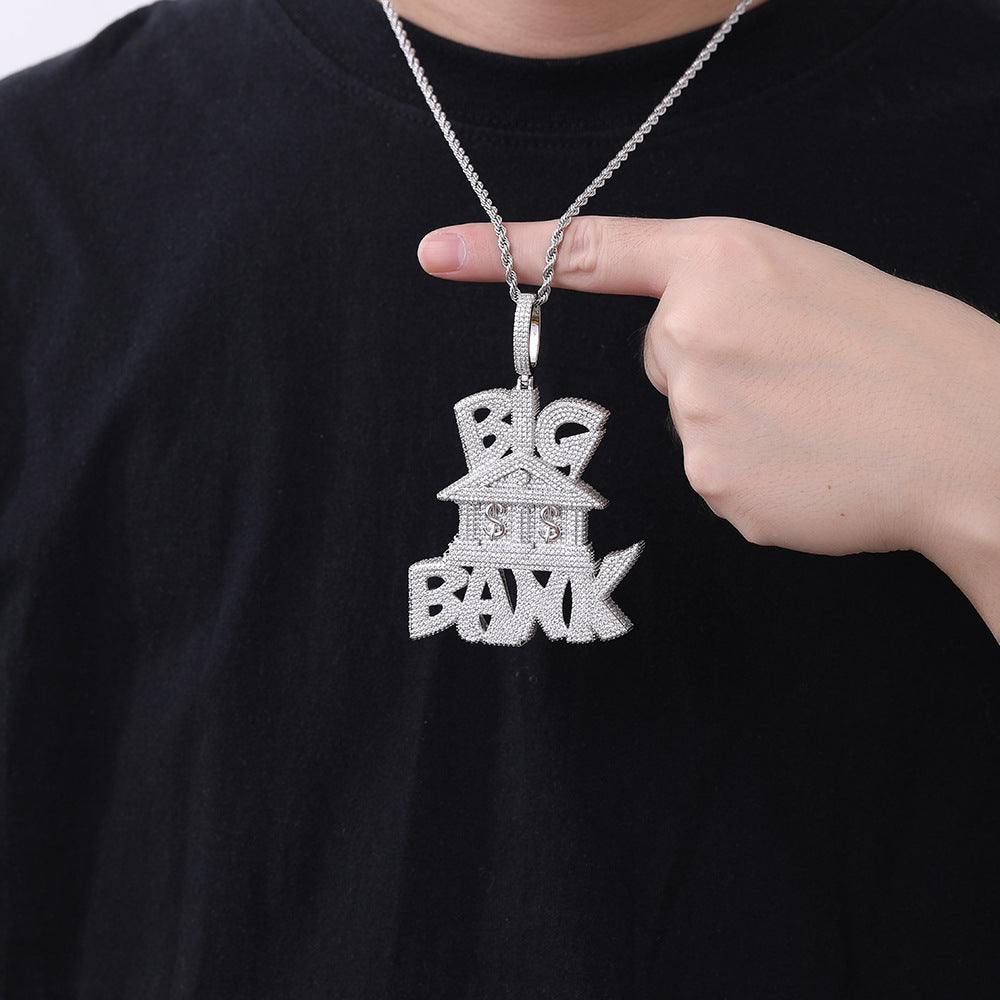 Trendy Micro Pave Iced Out Big Bank Large Pendant Necklace, Fully Paved Moissanite, Real Gold Electroplated Hip Hop Jewelry
