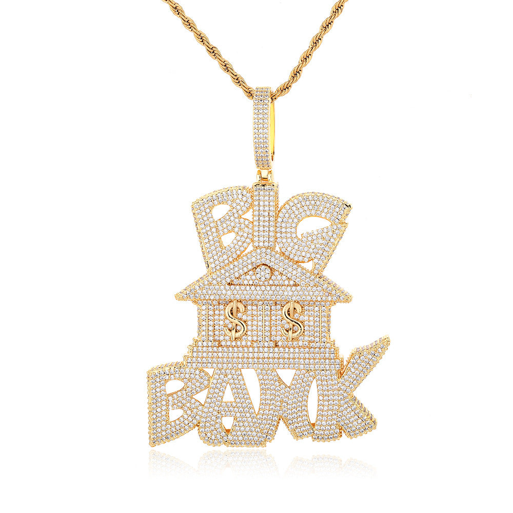 Trendy Micro Pave Iced Out Big Bank Large Pendant Necklace, Fully Paved Moissanite, Real Gold Electroplated Hip Hop Jewelry