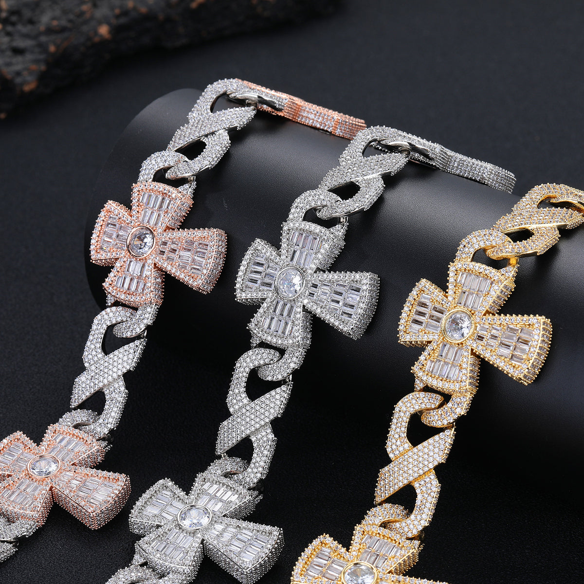 Premium Luxury Fully Paved CZ Infinity Cross Cuban Link Necklace, Iced Out Cross Pendant Hip Hop Statement Accessory