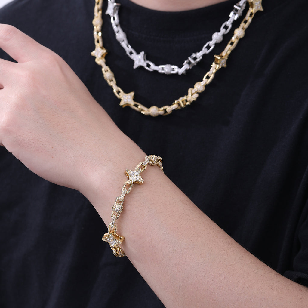 9mm Fully Paved Zircon Beaded Chain, Four Pointed Star Hip Hop Fashion Necklace for Men Wome
