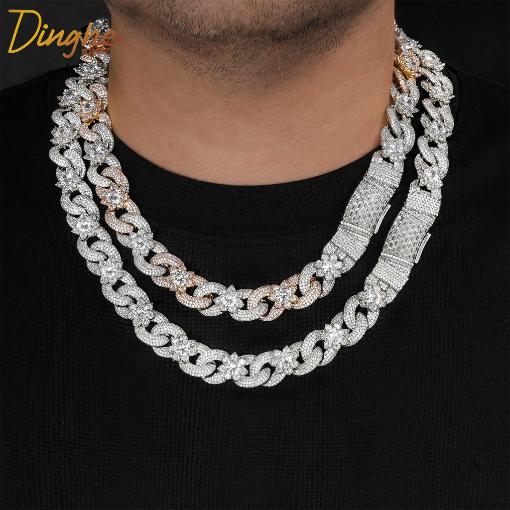 Top Luxury 15mm Two-tone Fully Iced Infinite Flower Cuban Link Chain, Hip Hop Men Necklace