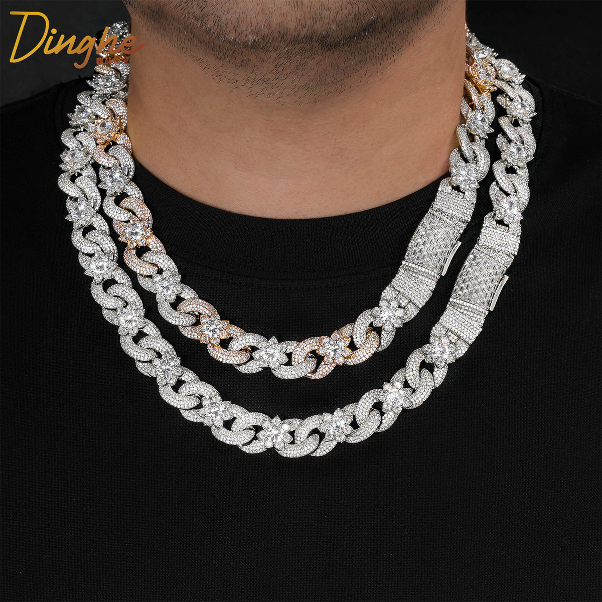 Top Luxury 15mm Two-tone Fully Iced Infinite Flower Cuban Link Chain, Hip Hop Men Necklace