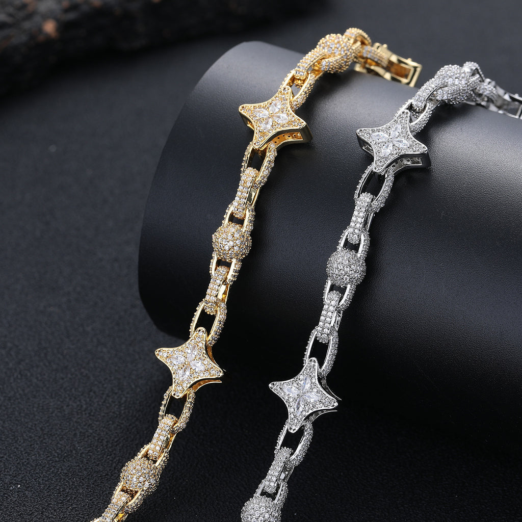 9mm Fully Paved Zircon Beaded Chain, Four Pointed Star Hip Hop Fashion Necklace for Men Wome