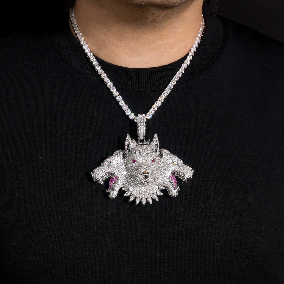 Luxury Trendy Large Heavy Cerberus Pendant Necklace, Fully Iced Out Moissanite, Real Gold Electroplated Hip Hop Jewelry
