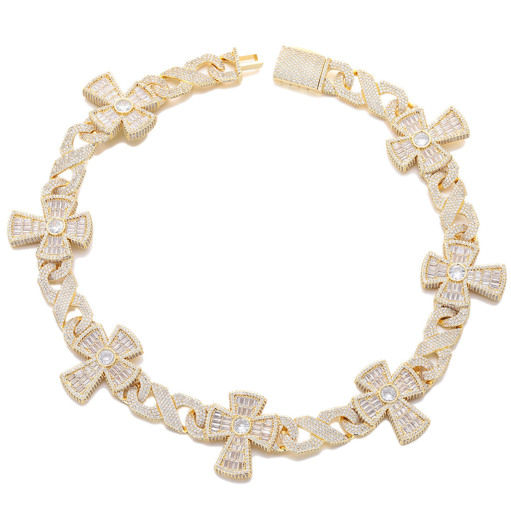 Premium Luxury Fully Paved CZ Infinity Cross Cuban Link Necklace, Iced Out Cross Pendant Hip Hop Statement Accessory