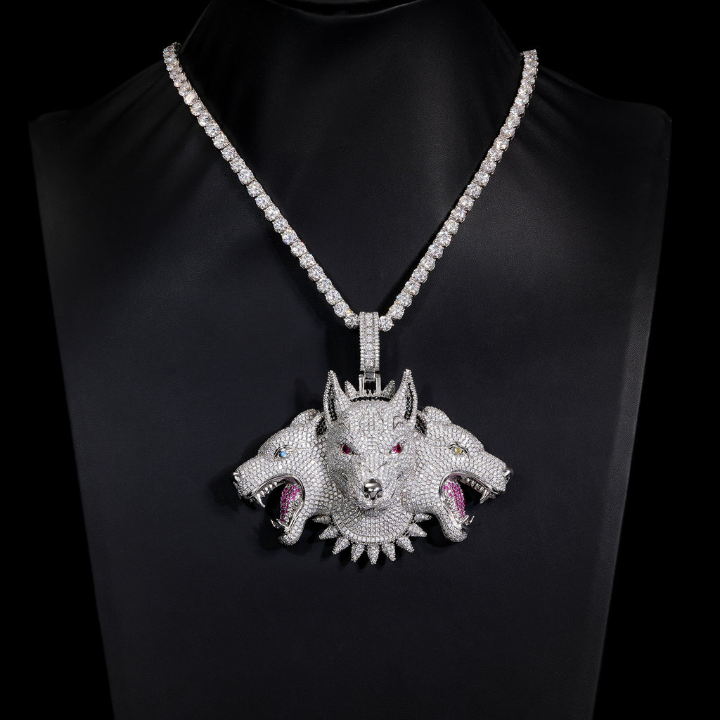 Luxury Trendy Large Heavy Cerberus Pendant Necklace, Fully Iced Out Moissanite, Real Gold Electroplated Hip Hop Jewelry