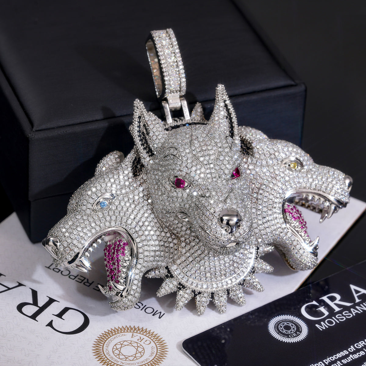 Luxury Trendy Large Heavy Cerberus Pendant Necklace, Fully Iced Out Moissanite, Real Gold Electroplated Hip Hop Jewelry