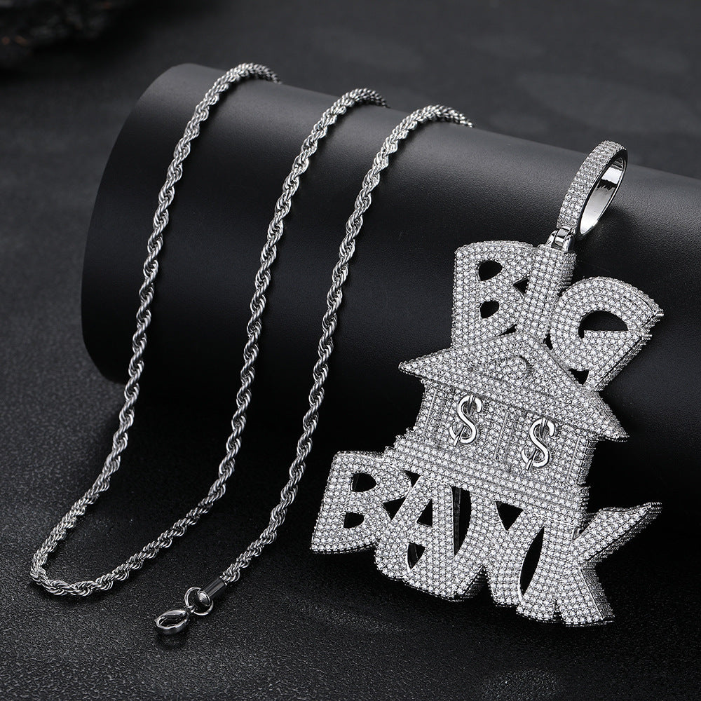 Trendy Micro Pave Iced Out Big Bank Large Pendant Necklace, Fully Paved Moissanite, Real Gold Electroplated Hip Hop Jewelry