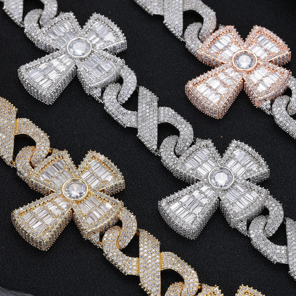 Premium Luxury Fully Paved CZ Infinity Cross Cuban Link Necklace, Iced Out Cross Pendant Hip Hop Statement Accessory