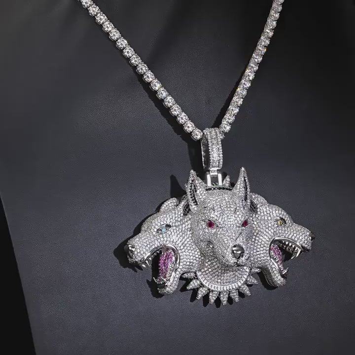 Luxury Trendy Large Heavy Cerberus Pendant Necklace, Fully Iced Out Moissanite, Real Gold Electroplated Hip Hop Jewelry