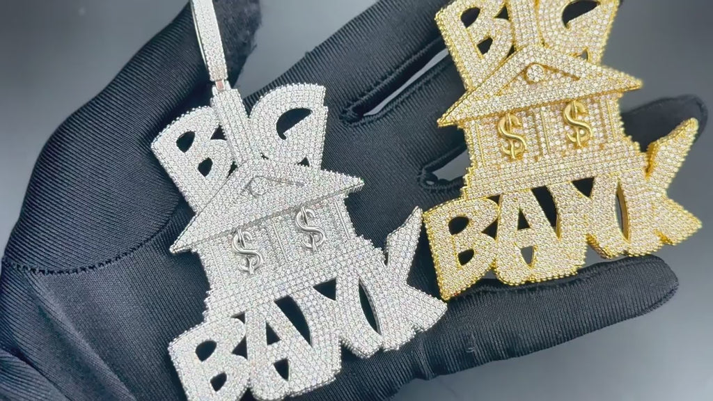 Trendy Micro Pave Iced Out Big Bank Large Pendant Necklace, Fully Paved Moissanite, Real Gold Electroplated Hip Hop Jewelry